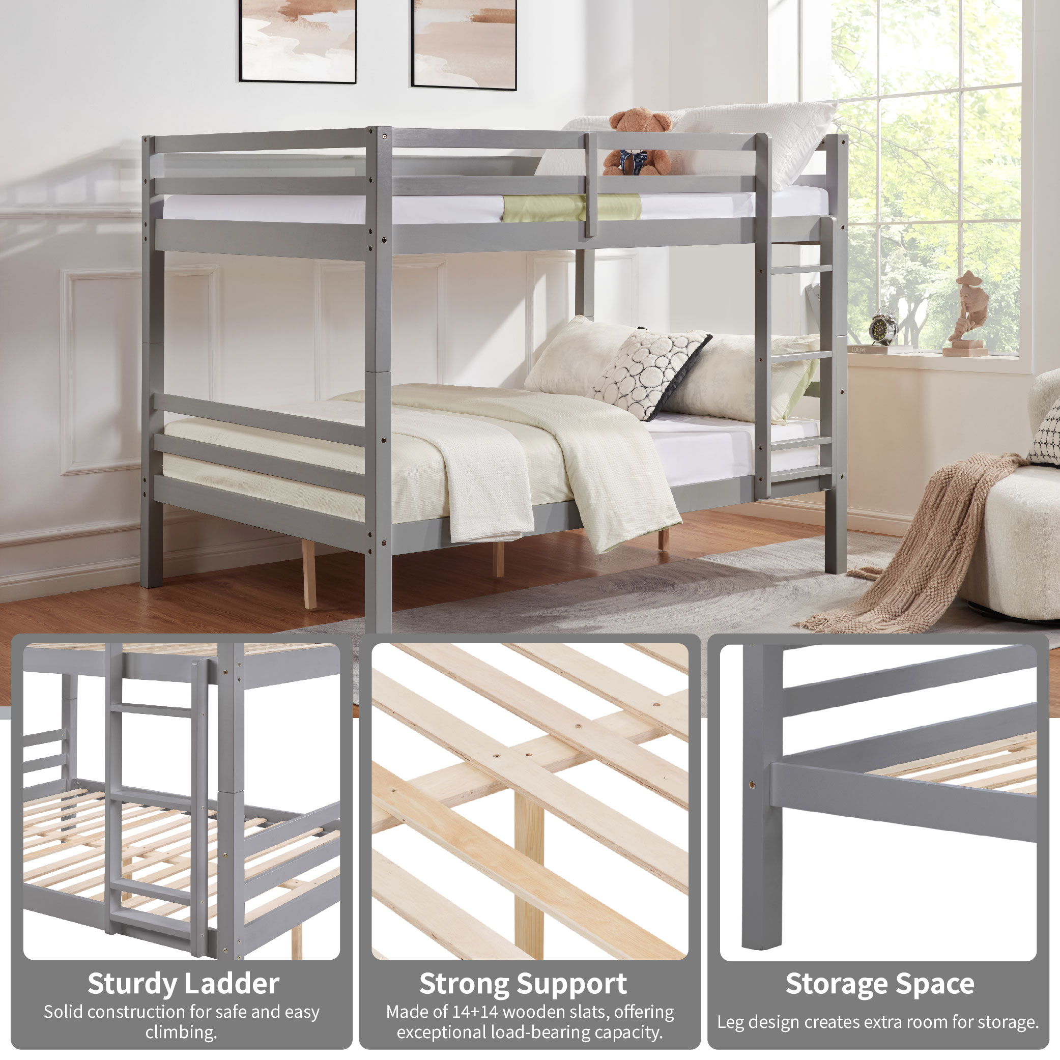 Full over Full Bunk Bed with Thick Posts,Wooden Bunk Bed with High Guardrail and Ladder for Kids, Teens, Dorm Rooms, and Guest Rooms,No Box Spring Needed, Grey Full over Full Bunk Bed with Thick Posts,Wooden Bunk Bed with High Guardrail and Ladder for Kids, Teens, Dorm Rooms, and Guest Rooms,No Box Spring Needed, Grey